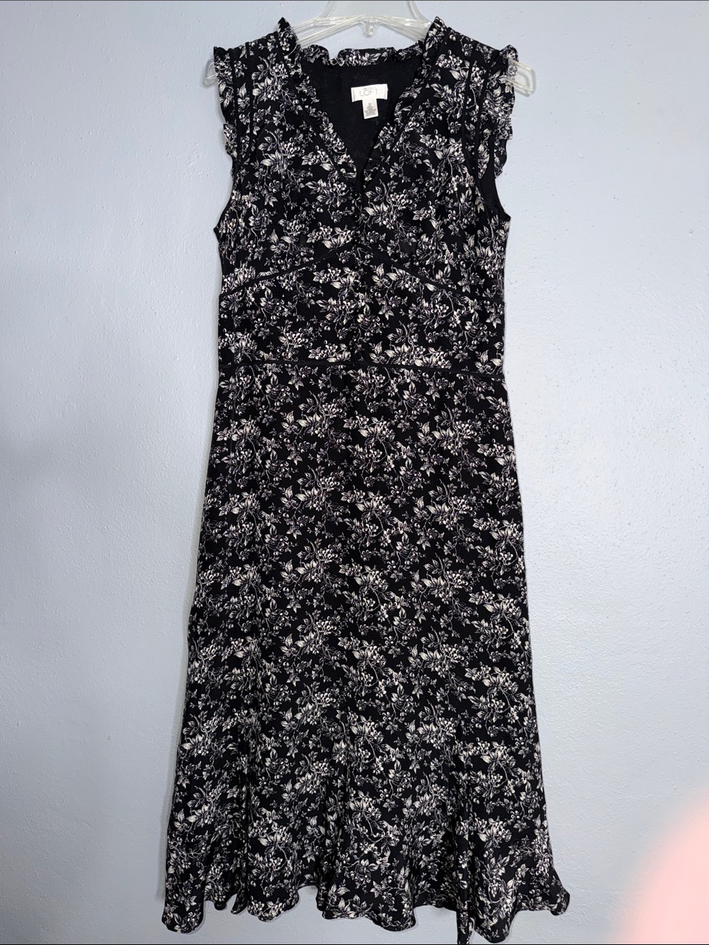 LOFT Black with White Floral Ruffle-Trim Midi Dress